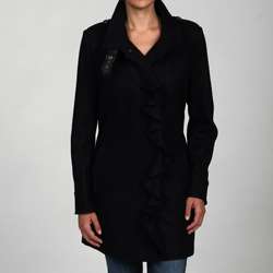   Womens Black Wool blend Ruffle front Military Coat  