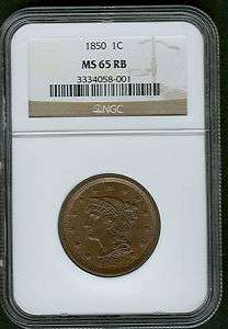 LARGE CENT 1850 NGC MS65RB  