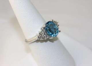 14k White Gold Blue Topaz & Diamond Ring  