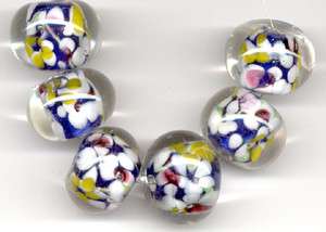Rondelle Blue Yellow Flower Lampwork Glass Beads 6pcs  