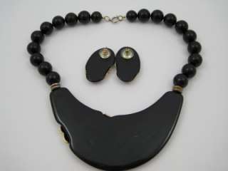 Vintage Chunky Black Lucite Bib Necklace & Earring Set  