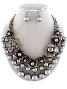 CHUNKY GRAY PEARL FLOWER MULTI ROW BEAD NECKLACE SET  