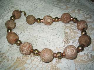 LARGE CHUNKY CARVED CLAY BEAD NECKLACE VINTAGE  