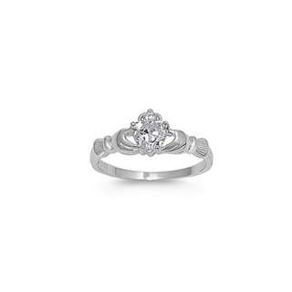 925 Sterling Silver Claddagh Ring with Clear CZ Heart   ALL SIZES 