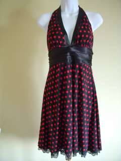    Black & Red Polka Dot Halter Cocktail Evening Dress Size M  