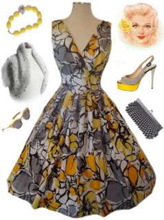 50s Style PINUP YELLOW Poppy FLORALS SURPLICE Sun Dress  
