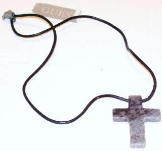 GUESS MENS STONE CROSS AND LEATHER CORD NECKLACE  