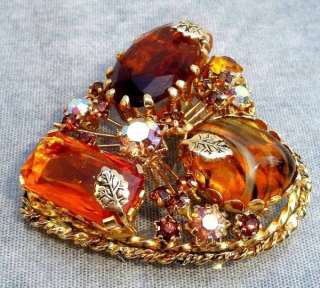   Citrine Glass & AB Rhinestone Heart Shaped Brooch Made in Austria