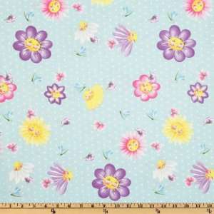  44 Wide Happy Flowers Tossed Flowers Blue Fabric By The 