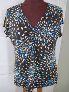 SUSAN LAWRENCE USA Brown Blue Mosaic Blossoms Jersey Shirt XL  