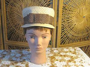   Beige Netted Vintage Pillbox Style Ladies Hat Brown Bowed Band  