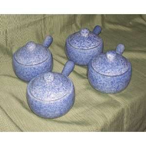  Set of 4 Blue Spongeware Pottery Bean Pots Handled Soup 