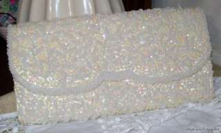 Cream Evening Beaded Sequin Handbag Purse Bag Clutch  