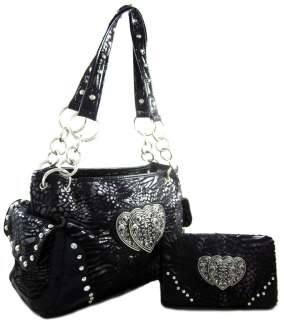   Zebra Leopard Print Triple Heart Purse Handbag Wallet SET Black  