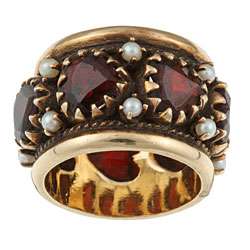 14k Gold Garnet and Pearl Wide Estate Eternity Band (Size 6 