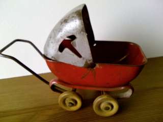   1930s Metal Toy Baby Carriage w/ Wooden Wheels Made in USA  