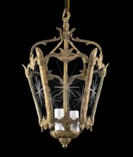 Antique Vintage Lantern Pendant Glass Brass Gold Chandelier Light Pair 