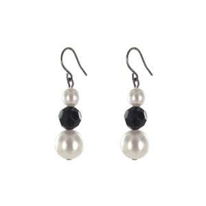    Cream Simulated Pearl and Black Faceted Bead Drop Earrings Jewelry