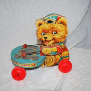 VINTAGE FISHER PRICE golden brown Teddy Bear ZILO PULL TOY WORKS 