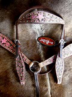 HORSE BRIDLE WESTERN LEATHER HEADSTALL BREASTCOLLAR TACK RODEO PINK 