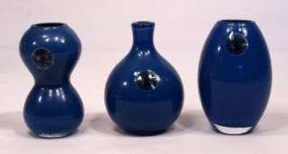 Lot of 3 Blue Cased Glass Mini Miniature Vases Handmade  