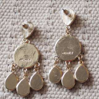 Monet Graceful Gold Tone Rhinestone Shell Engraved Drop Hook Earrings 