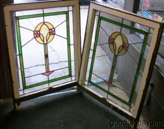 Pair of Antique 1920s Chicago Bungalow Stained Leaded Glass Windows 