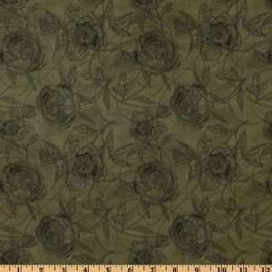  44 Wide Poetic Blossoms Rose Swirls Olive Fabric By The 
