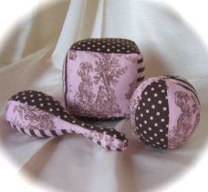 FRENCH CHIC PINK & BROWN TOILE BLOCK, BALL, RATTLE SET  