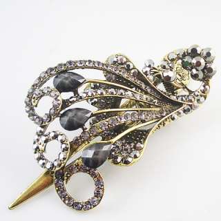 Gorgeous peacock Vintage spread his tail metal crystals hair pin clip 