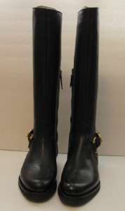 Burberry black pebbled leather riding boots women shoe 35 5 New buckle 
