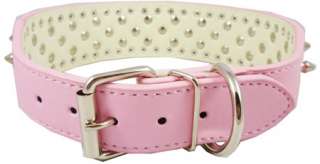 19 22 Studs Spikes Pink Leather Dog Collar Large 2  