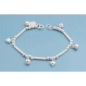  Sterling Silver Valentine Hearts & Bells Charm Bracelet 