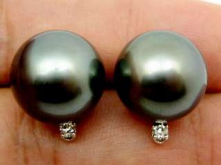   14.3MM TAHITIAN BLACK PEARL SOLID 18K DIAMOND STUD EARRINGS  