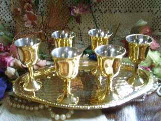 7Pc India BRASS Sherry CORDIAL Stemmed Glass TRAY SET Goblet Platter 