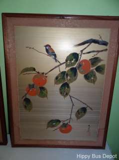 Hollywood Regency Japanese Hand Painted on Silk PAIR Floral Bird Wall 