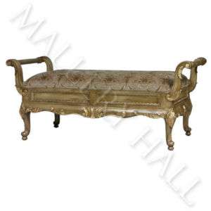 Old World Hand Carved Rolled Arm Custom Fabric Bench  