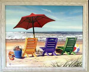 Beach Chairs Scene Umbrella Kids Room W Print Framed  