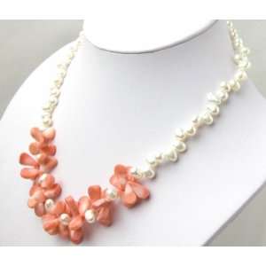  Fashionable White Fw Pearl & Pink Coral Necklace 