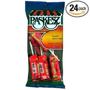 Paskesz Lollipops, Cherry Taffy Lollipop, 3.2 Ounce Bags (Pack of 24)