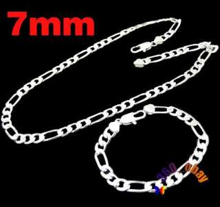 7mm Figaro Mens Necklace+Bracelet Set,Silver Plated Wholesale price 