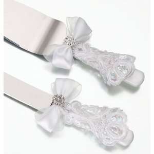  White Sequin Lace Knife and Server Set.