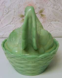 VINTAGE Green Milk Glass Hen On Laced Nest Covered Dish  