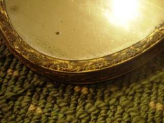 Antique Brass Oval Vanity Tray Footed Plateau Floral Original Mirror 