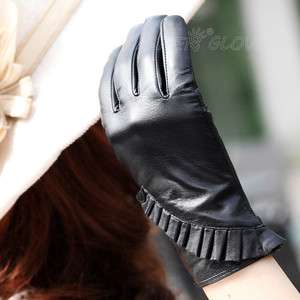 Womens GENUINE LEATHER winter warm daily gloves ruffl  