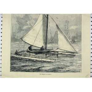  View Duplex Catermaran Sailing Boat River Old Print