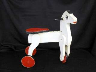Antique Childs Riding Toy Horse on Wheels Painted Red Black and White 