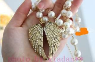 Vintage Style Pearl Chain Angel Wings Necklace 24 Gift#252  