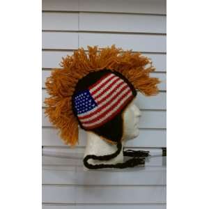   FLAG MOHAWK*** Cap/hat with Ear Flaps and Poms 
