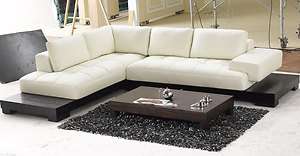   Shaped Cream Leather Sectional Sofa with Modern Wood Base Tosh  
